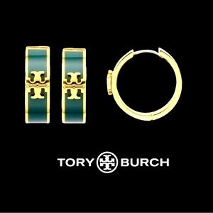NWT TORY BURCH KIRA ENAMEL HOOP EARRINGS in MANOR GREEN
